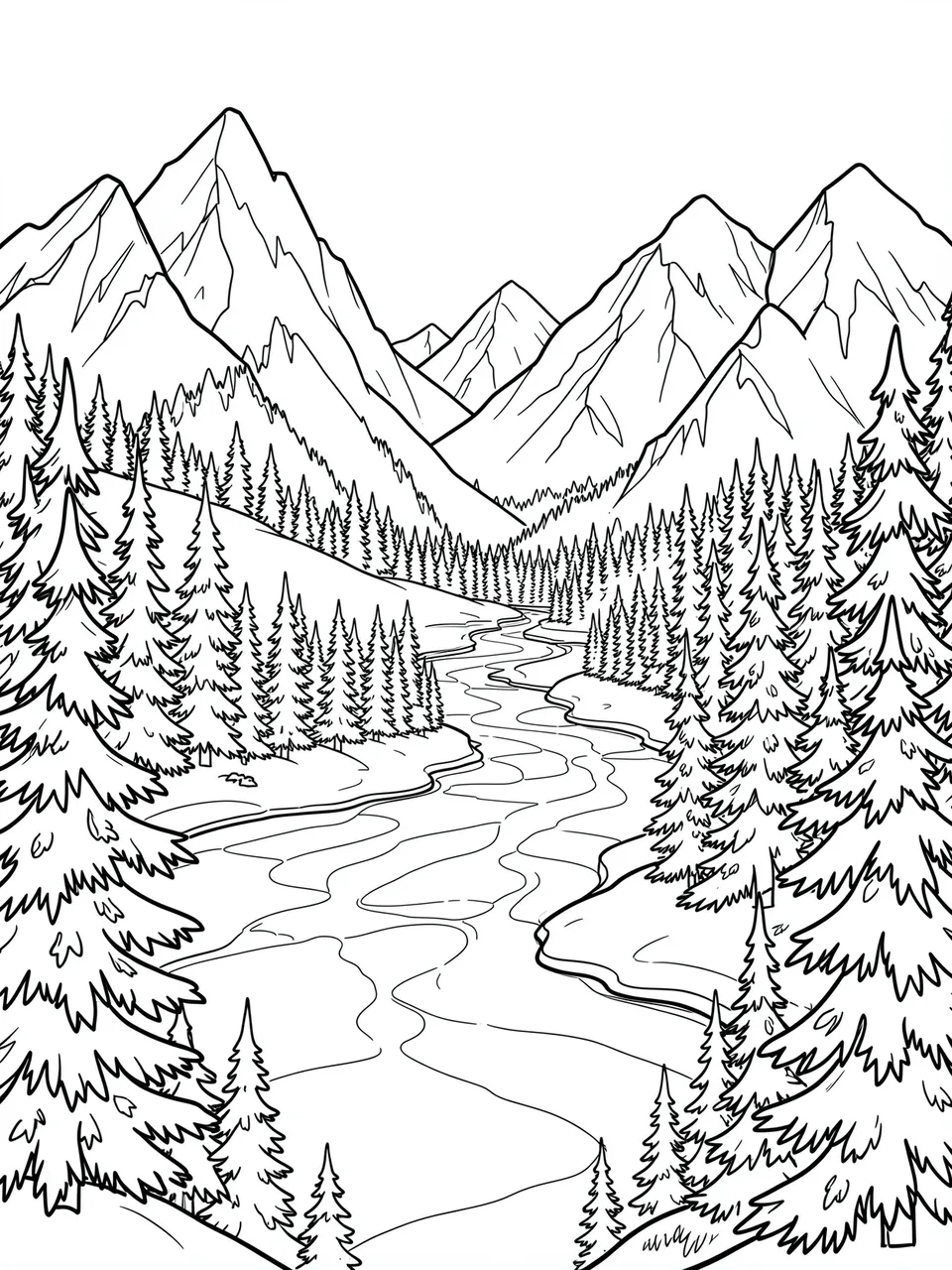 Black and white line art coloring page of a mountain valley with pines and a frozen winding river