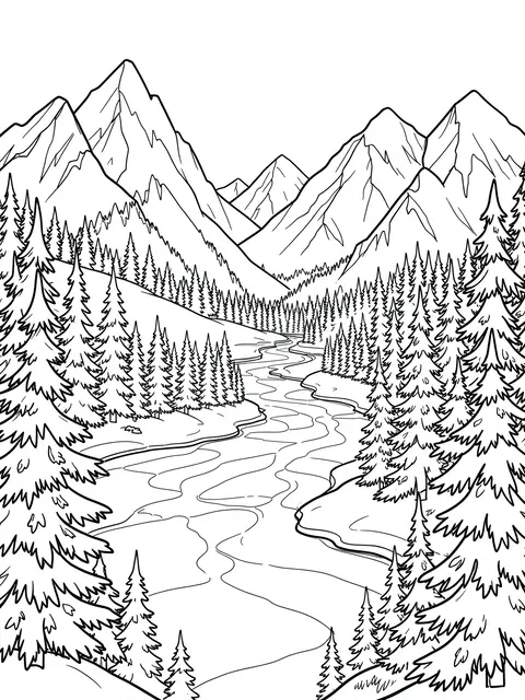Black and white line art coloring page of a mountain valley with pines and a frozen winding river