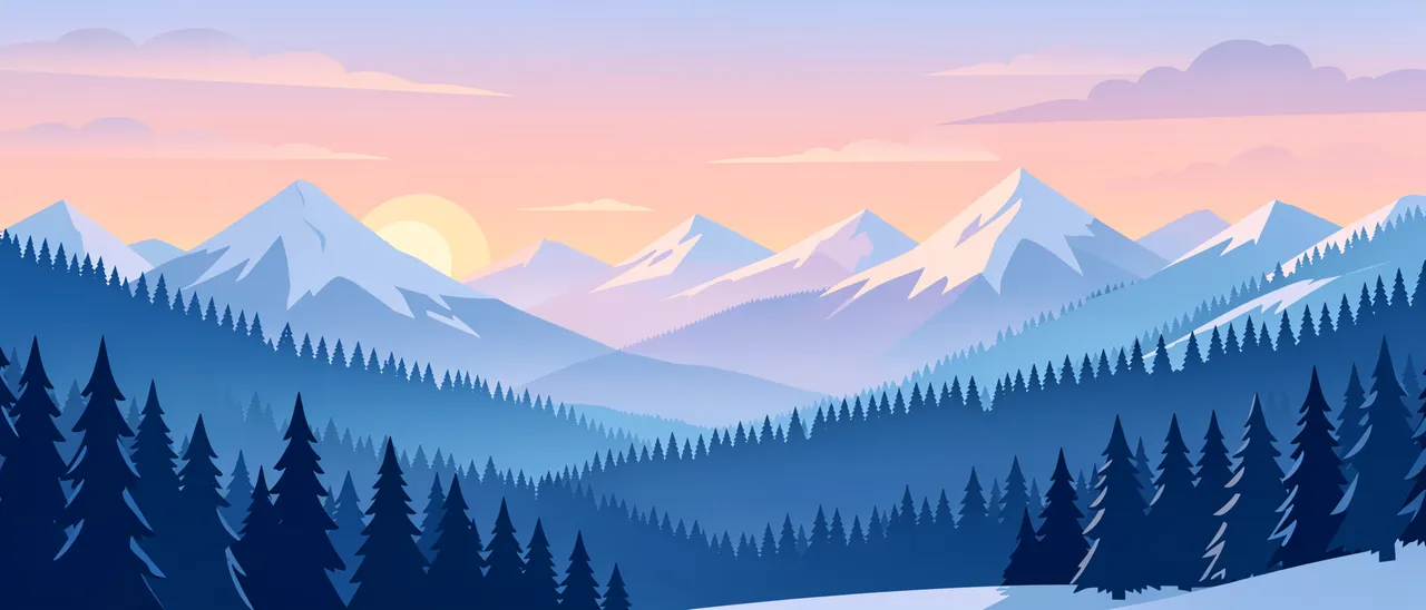 Layered snowy mountains and pine forests under a soft pastel gradient sunset sky