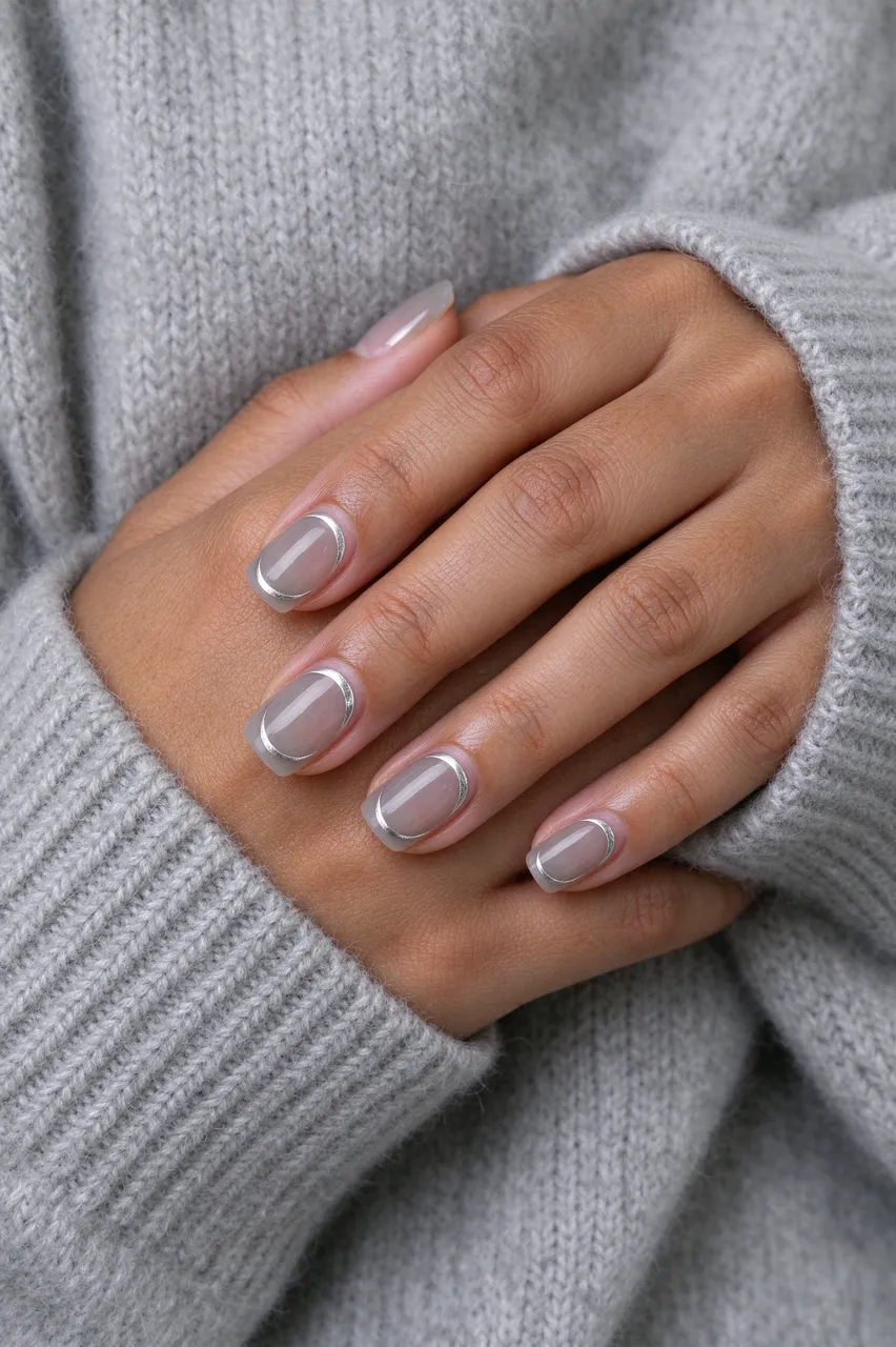 A woman's hands resting on a soft grey knit sweater to display squoval grey nails with silver crescent accents.