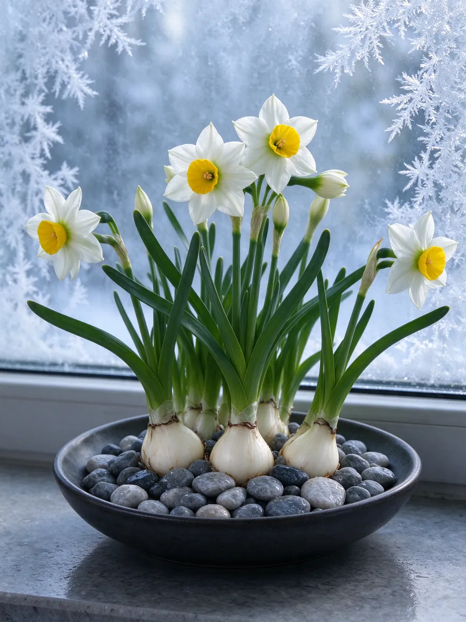 Blooming white and yellow narcissus bulbs in a dark pebble-filled bowl sit before a frosted icy window