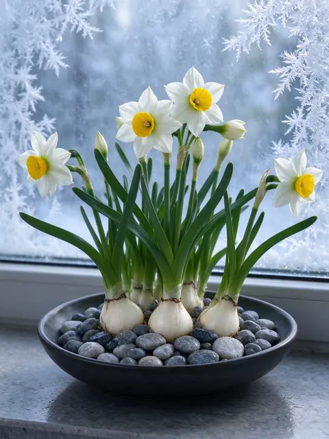 Blooming white and yellow narcissus bulbs in a dark pebble-filled bowl sit before a frosted icy window
