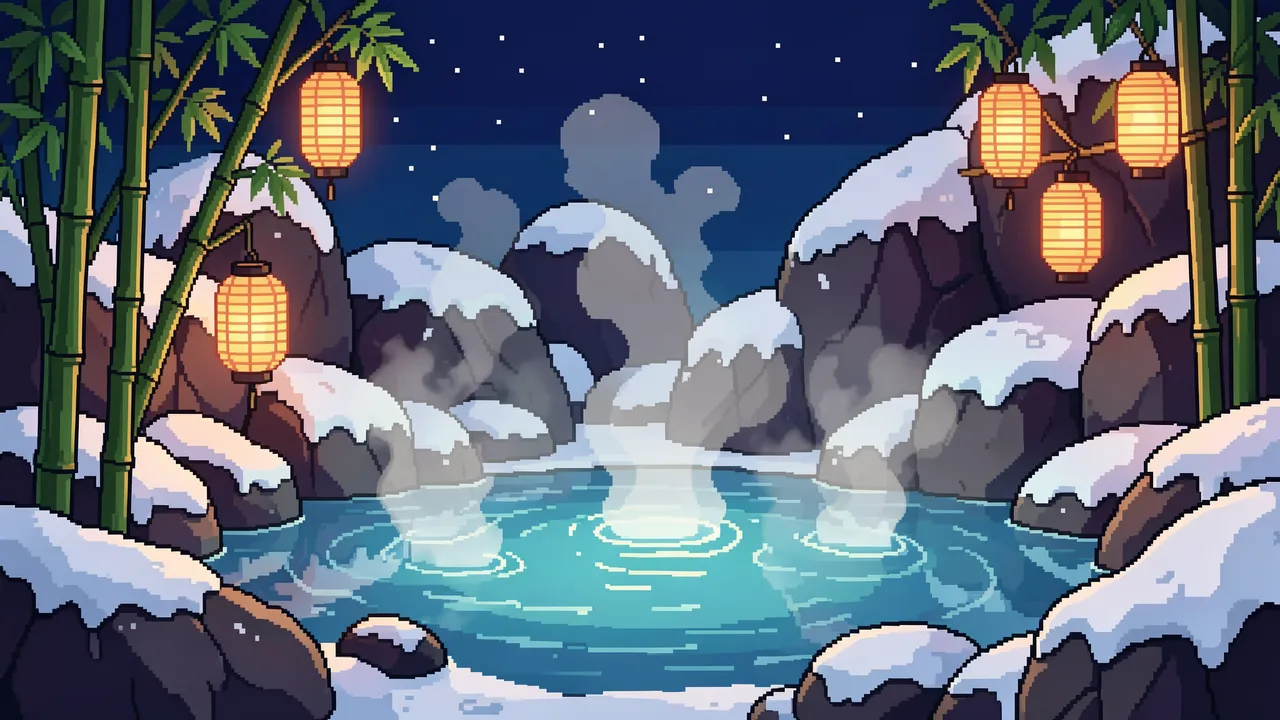 Steaming snowy onsen surrounded by bamboo and glowing paper lanterns under a starry night sky