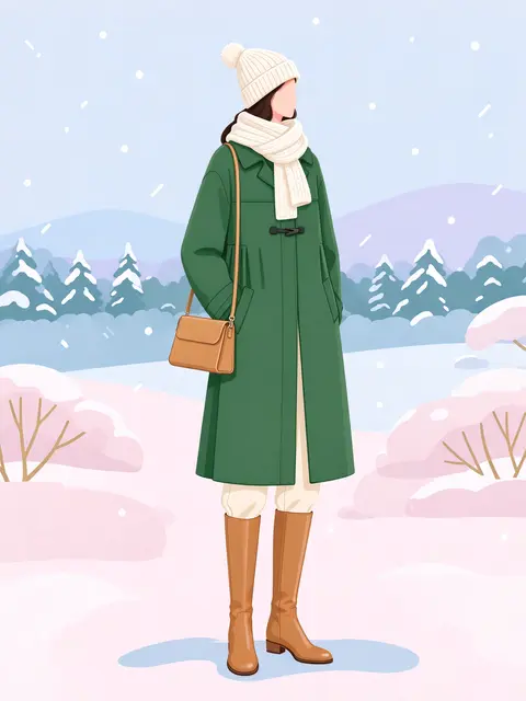 Faceless woman in a forest green duffle coat stands in a pastel snowy winter landscape