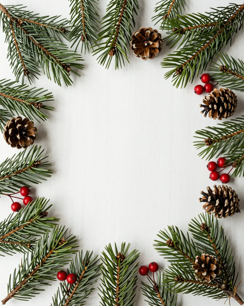 Overhead view of pine branches, pinecones and red berries arranged in a border around the empty center of a white table