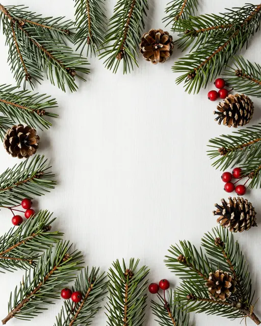 Overhead view of pine branches, pinecones and red berries arranged in a border around the empty center of a white table