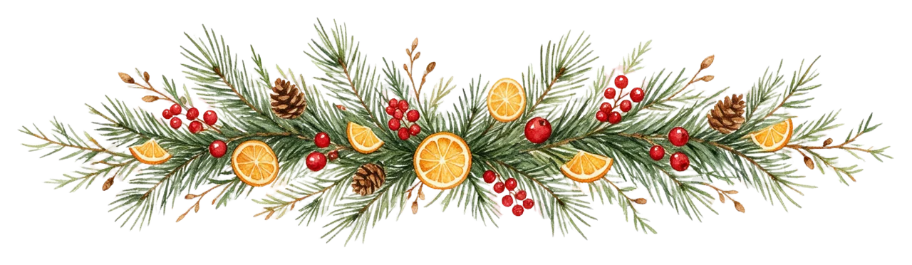 Watercolor horizontal garland of pine branches, red berries, dried orange slices and pine cones.