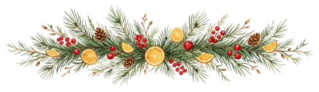 Watercolor horizontal garland of pine branches, red berries, dried orange slices and pine cones.