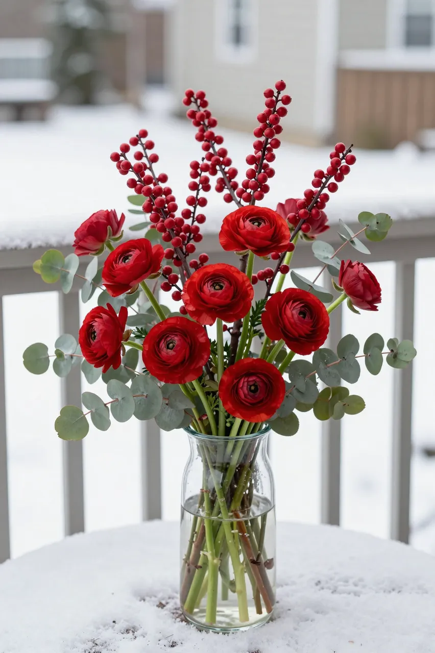 A red ranunculus, winterberry and eucalyptus bouquet in a clear glass vase sits on a snow-covered outdoor table