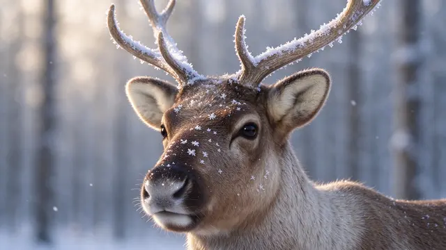 Close-up of a reindeer with frosted antlers and snowflakes on its face in a snowy forest at morning