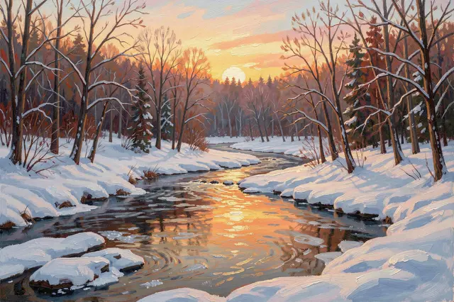 Textured oil painting of a partially frozen river winding through a snowy forest at golden dawn
