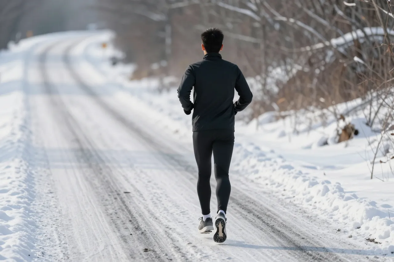 A runner in black athletic wear jogs away from the camera down a snow-covered rural road in soft winter light