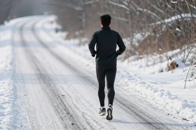 A runner in black athletic wear jogs away from the camera down a snow-covered rural road in soft winter light