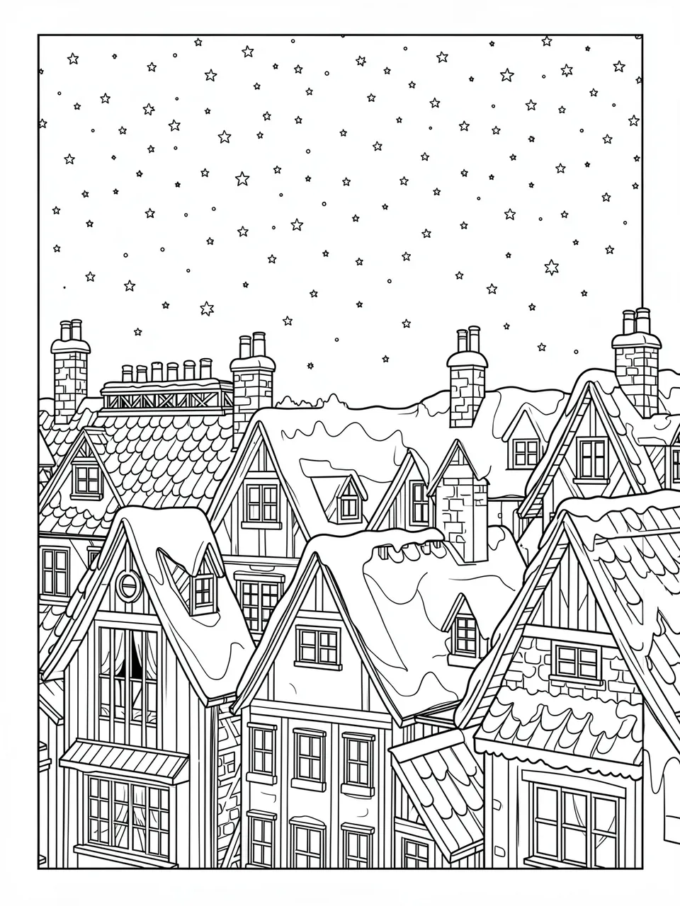 Black and white line art showing snowy house rooftops under a starry night sky for coloring