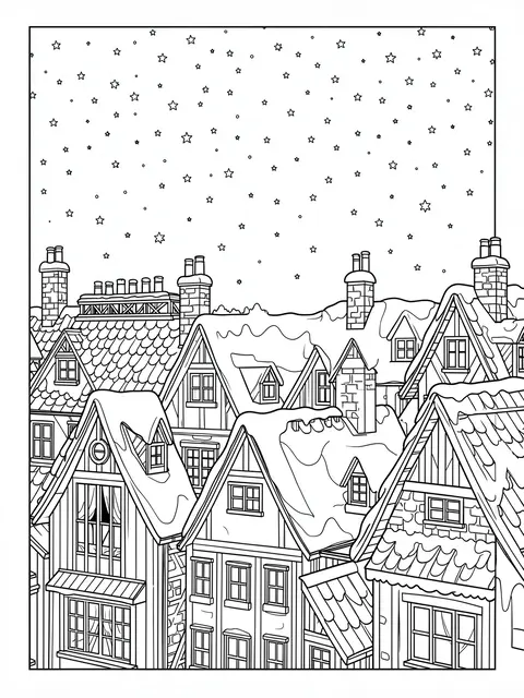 Black and white line art showing snowy house rooftops under a starry night sky for coloring