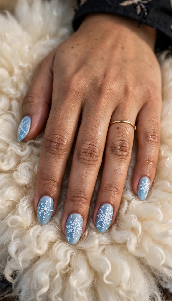 A Southeast Asian woman's hand with icy blue snowflake nail art rests on a curly sheepskin throw