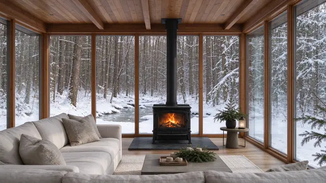 Cozy four-season sunroom with a burning wood stove, linen sectional, and snowy forest view through floor-to-ceiling glass