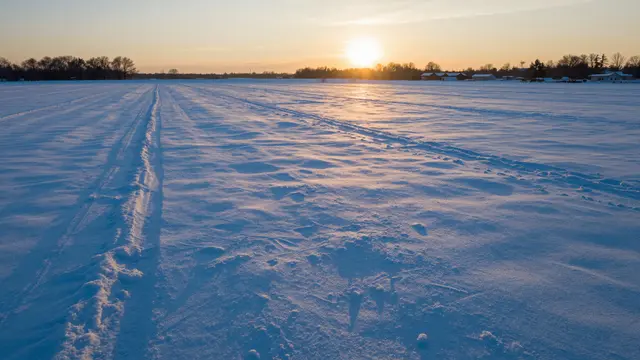 Low golden sunset casts long blue shadows across a wide snow-covered field with distant trees