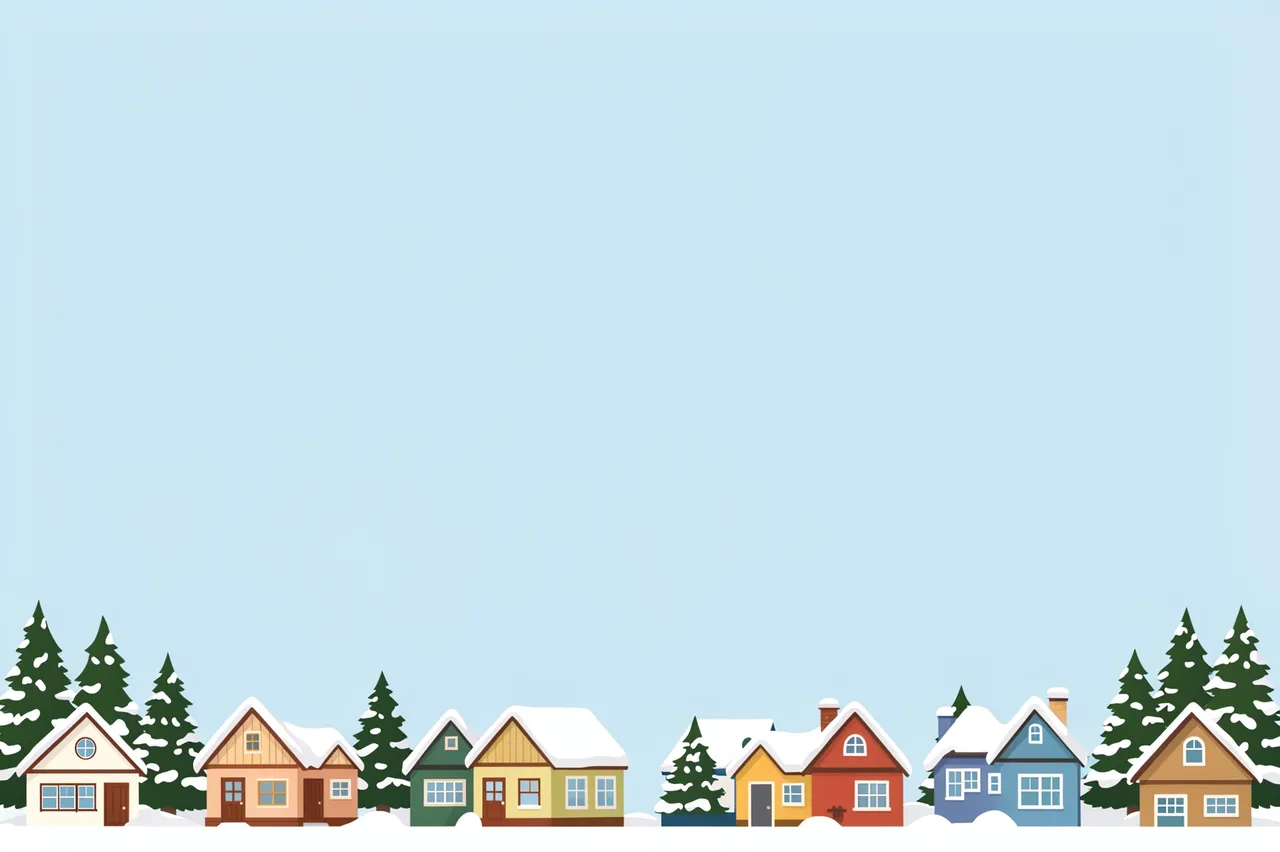 A flat vector border of snow-covered houses and pine trees sits along the bottom of an empty pale blue sky background.
