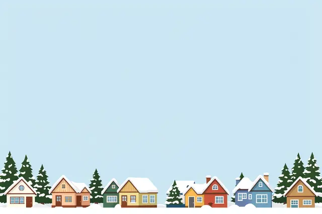 A flat vector border of snow-covered houses and pine trees sits along the bottom of an empty pale blue sky background.