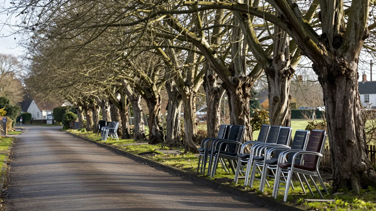 Stacked patio cafe chairs line a quiet village lane shaded by bare pollarded trees in low winter sunlight