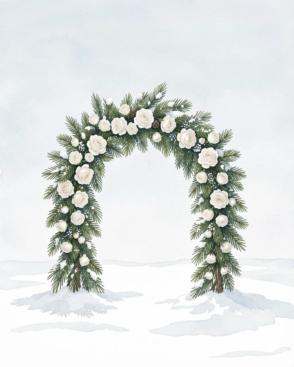 Watercolor illustration of a pine and white rose wedding arch standing in fresh snow under a pale overcast sky