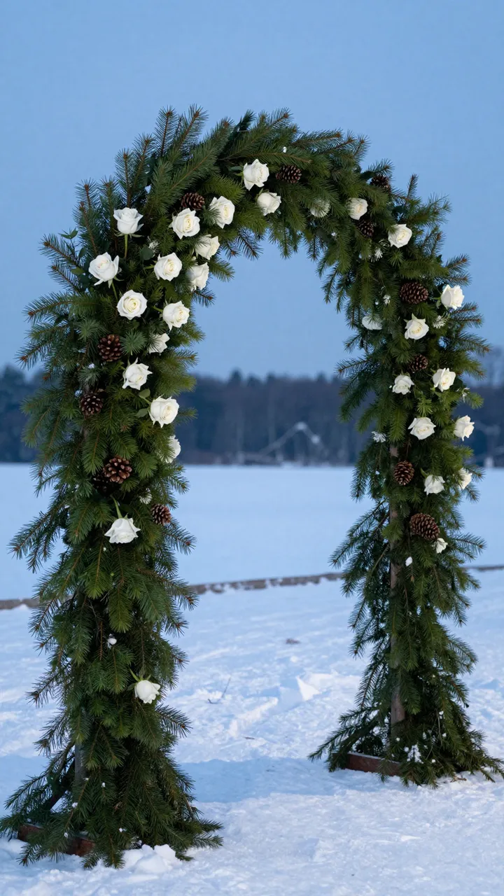 Evergreen wedding arch decorated with white roses and pinecones stands in a snowy field at blue hour