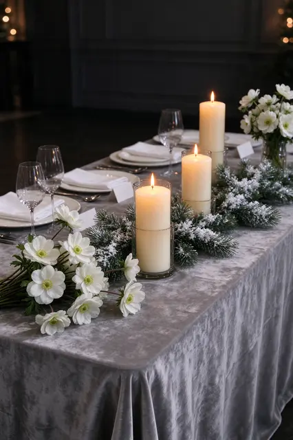 Elegant reception table set with gray velvet, lit pillar candles, white anemones and frosted pine