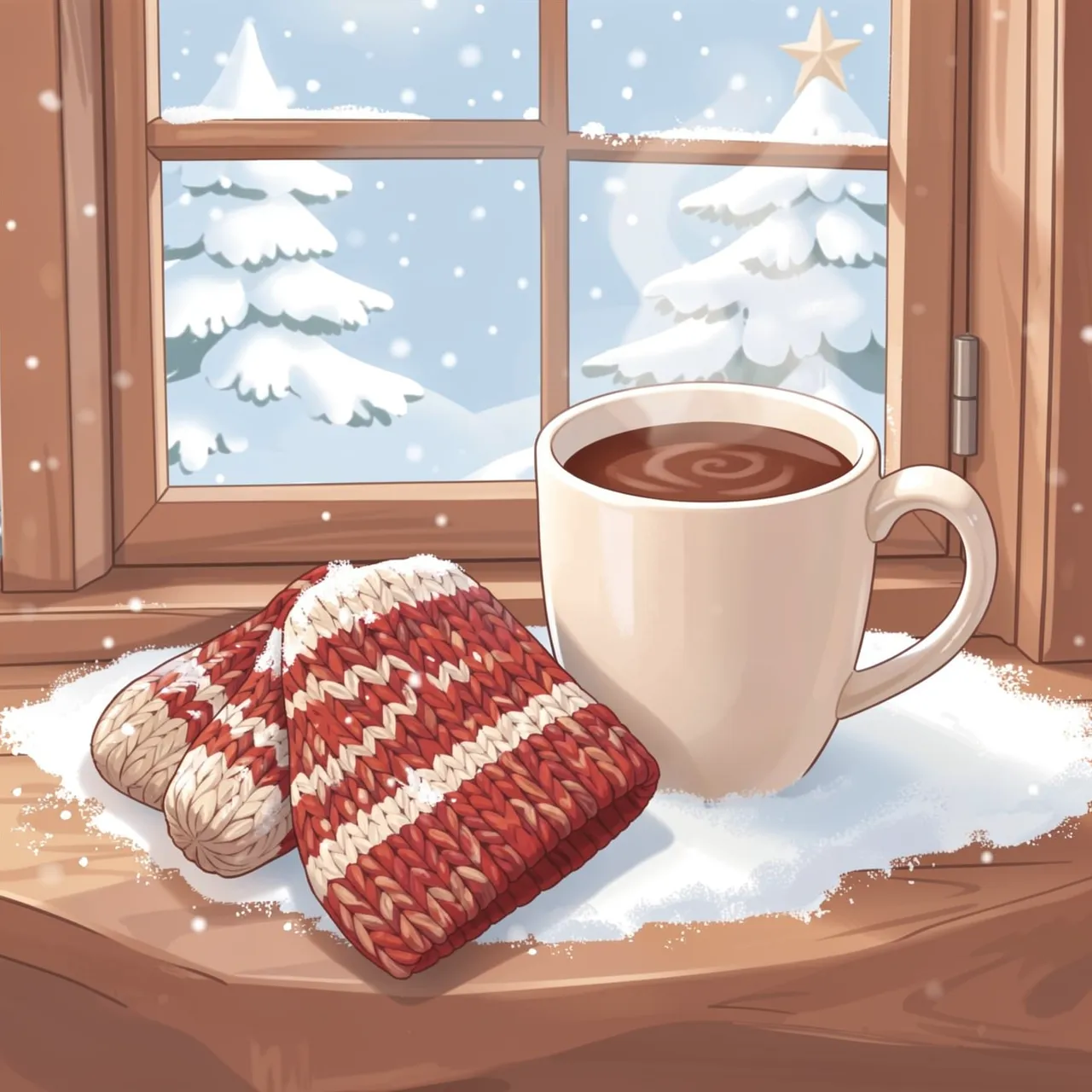 Knitted mittens and a mug of hot cocoa rest on a snowy wooden windowsill with falling snow outside.