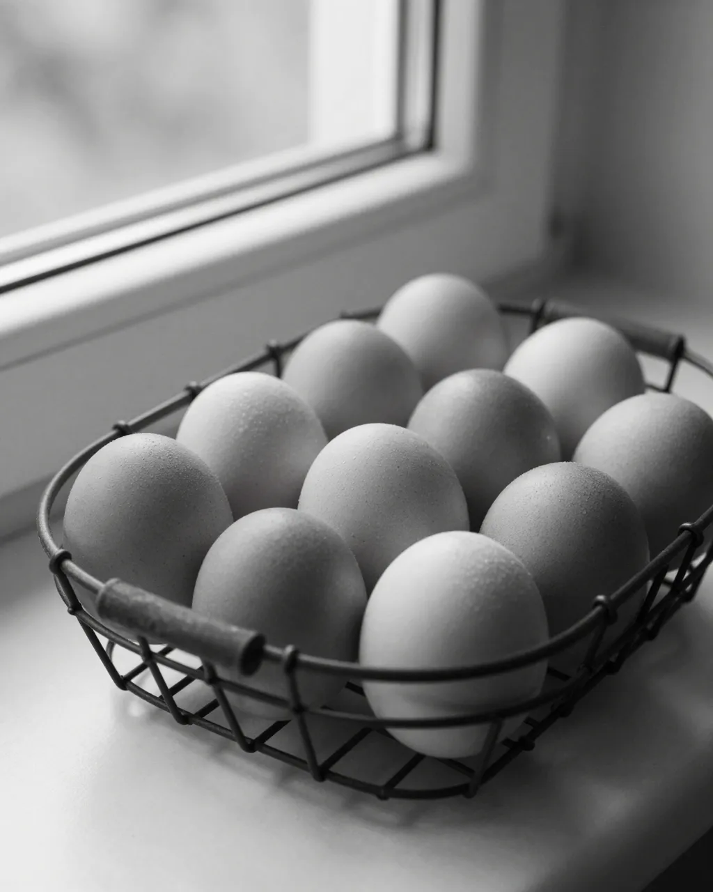 Black and white close-up of a wire basket holding fresh eggs resting on a kitchen windowsill next to a window