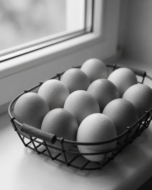 Black and white close-up of a wire basket holding fresh eggs resting on a kitchen windowsill next to a window