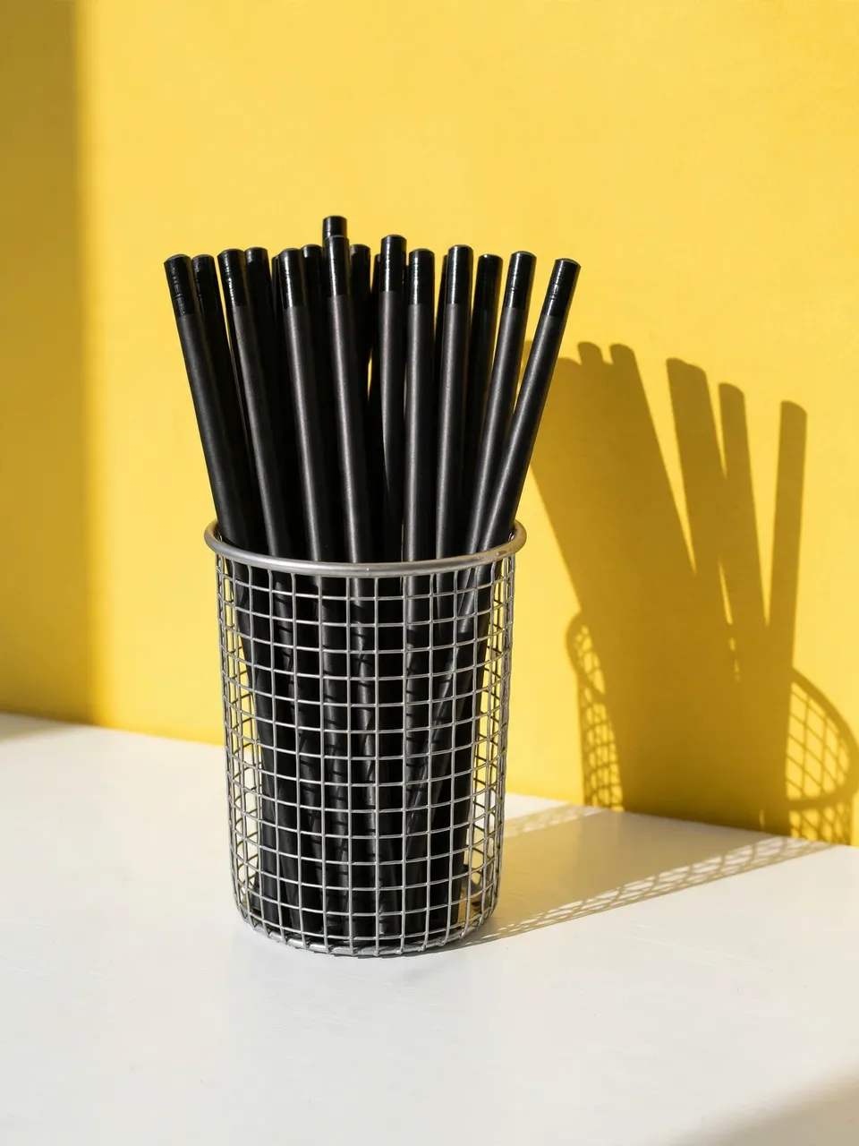 A metal wire mesh cup filled with plain black pencils sits on a white desk against a bright yellow wall with a crisp cast