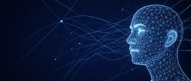 Glowing blue wireframe human head in profile connected to network lines against a dark blue background