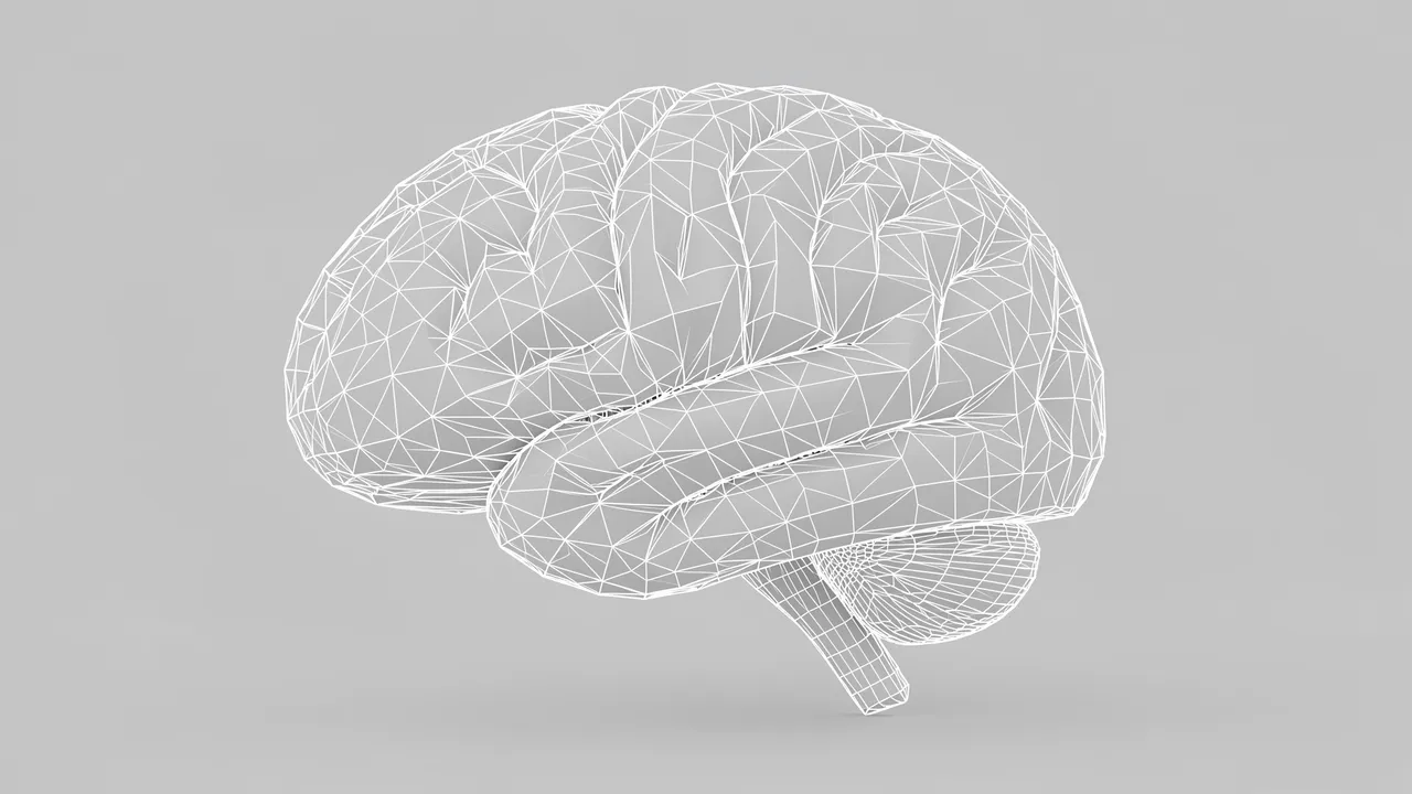 White wireframe model of a human brain displayed against a solid pale gray background