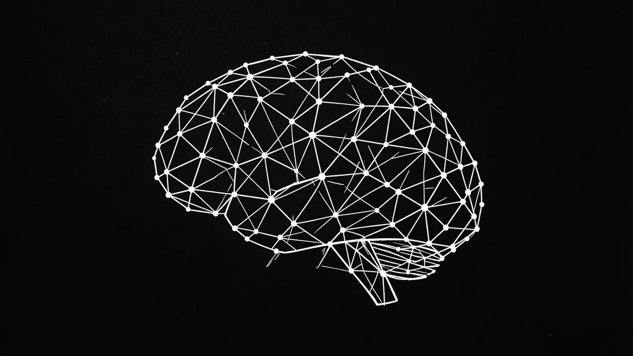A minimal wireframe illustration of a brain made of white connected dots and lines on solid black background