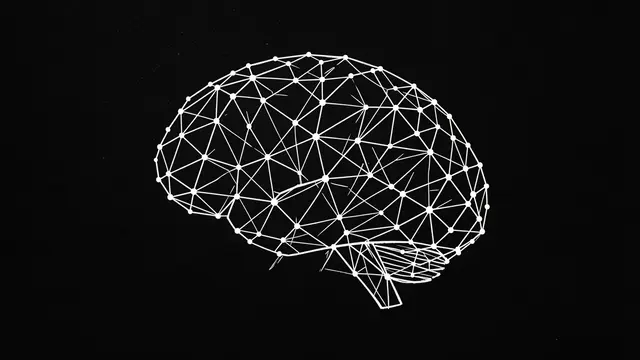 A minimal wireframe illustration of a brain made of white connected dots and lines on solid black background