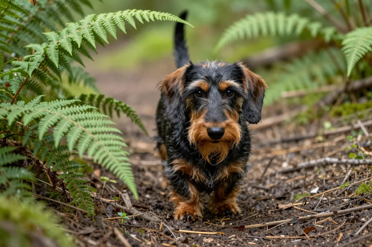A wire-haired dachshund stands on a dirt woodland path surrounded by green ferns looking toward the camera