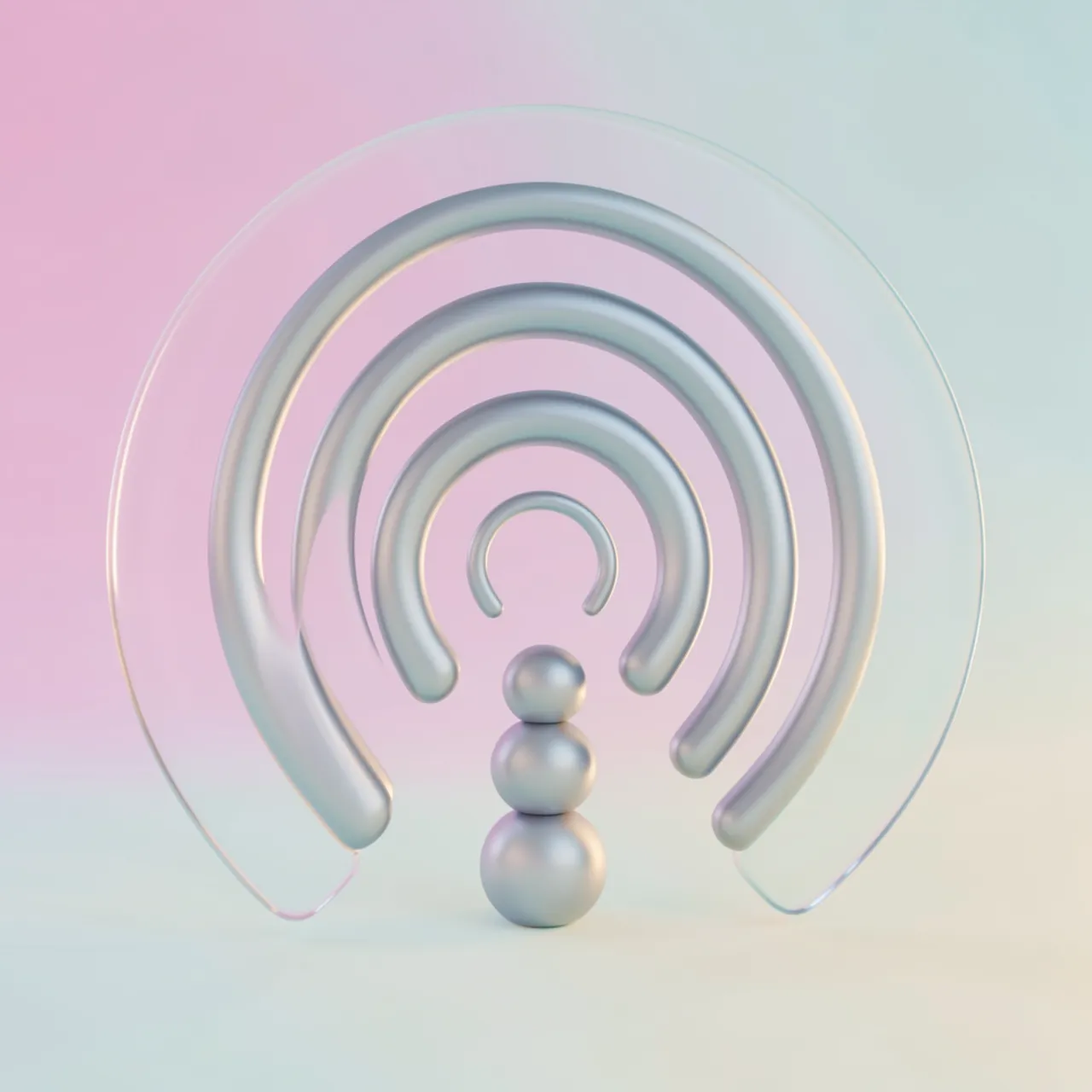 Metallic 3D wireless signal icon on a soft pastel gradient background