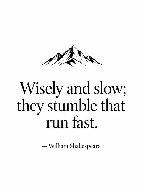 Minimalist black line mountain illustration above the quote "Wisely and slow; they stumble that run fast. — William