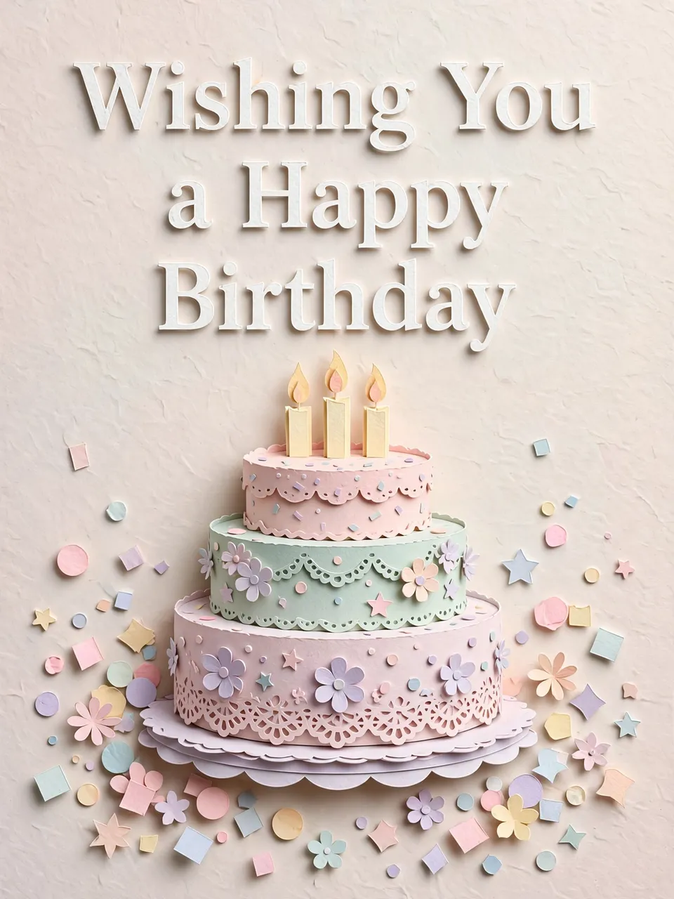 Layered pastel paper cut-out illustration with the text "Wishing You a Happy Birthday" above a tiered cake and confetti.