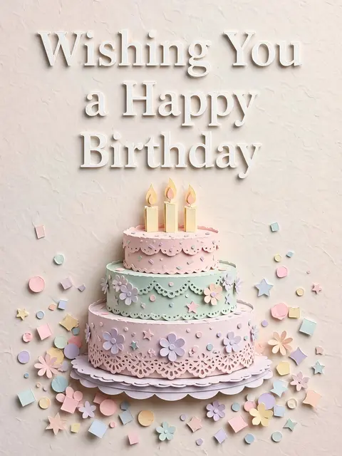 Layered pastel paper cut-out illustration with the text "Wishing You a Happy Birthday" above a tiered cake and confetti.