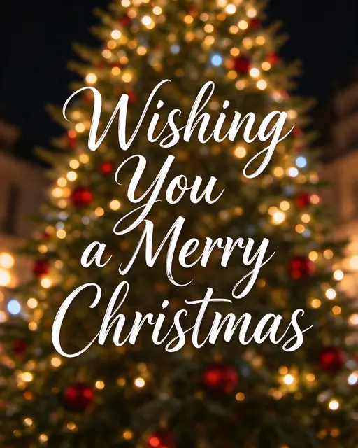 White cursive script reading "Wishing You a Merry Christmas" over a soft bokeh glowing Christmas tree background