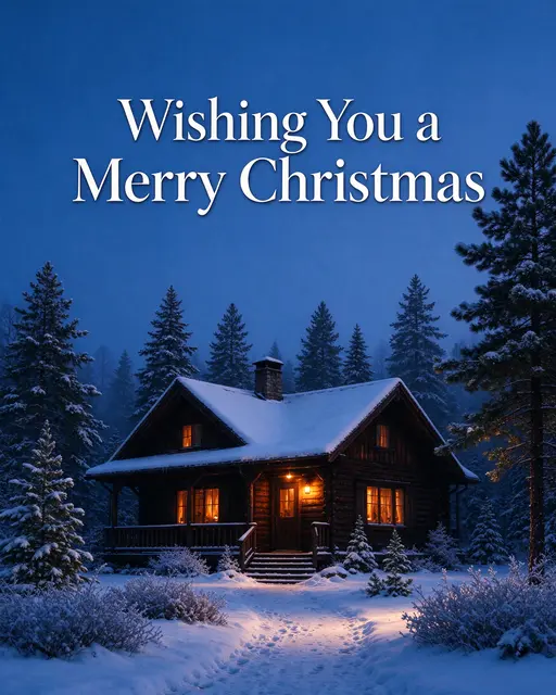 A snowy lit log cabin at dusk among pine trees with text reading "Wishing You a Merry Christmas" in the blue evening sky