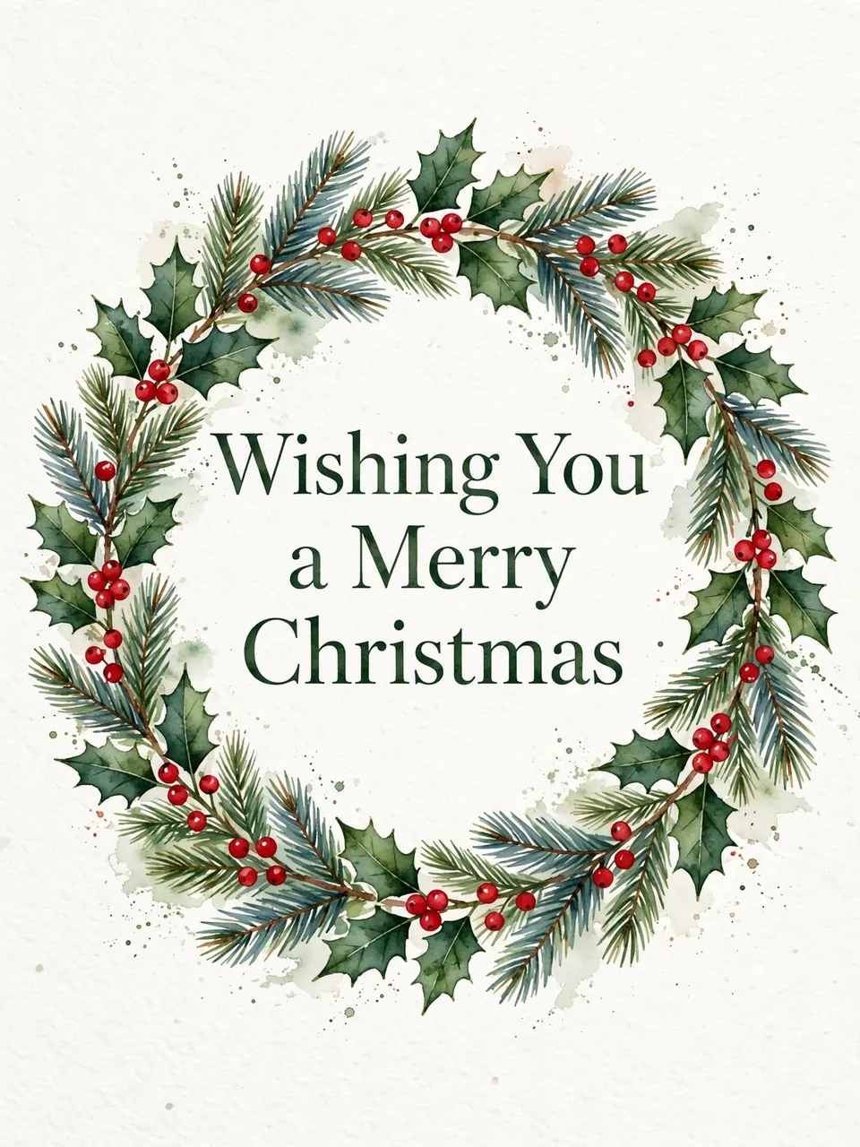Watercolor holly and pine wreath with centered dark green text reading "Wishing You a Merry Christmas" on off-white paper