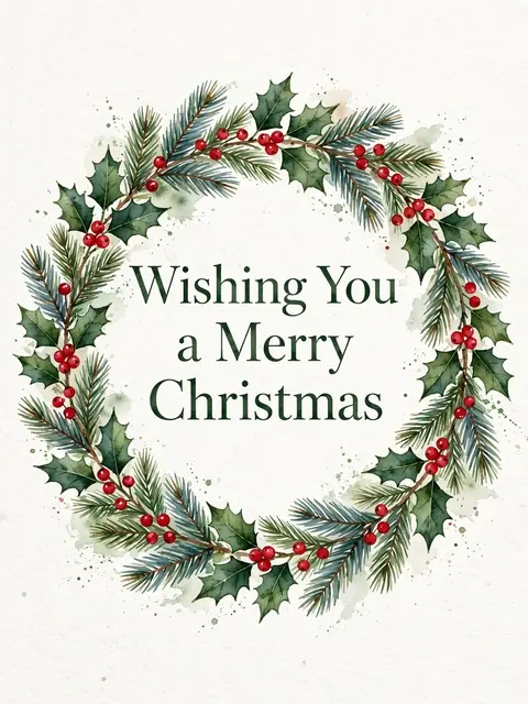Watercolor holly and pine wreath with centered dark green text reading "Wishing You a Merry Christmas" on off-white paper