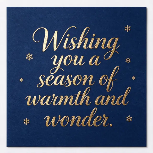 Gold foil script reading "Wishing you a season of warmth and wonder." with small gold snowflakes on a deep navy card