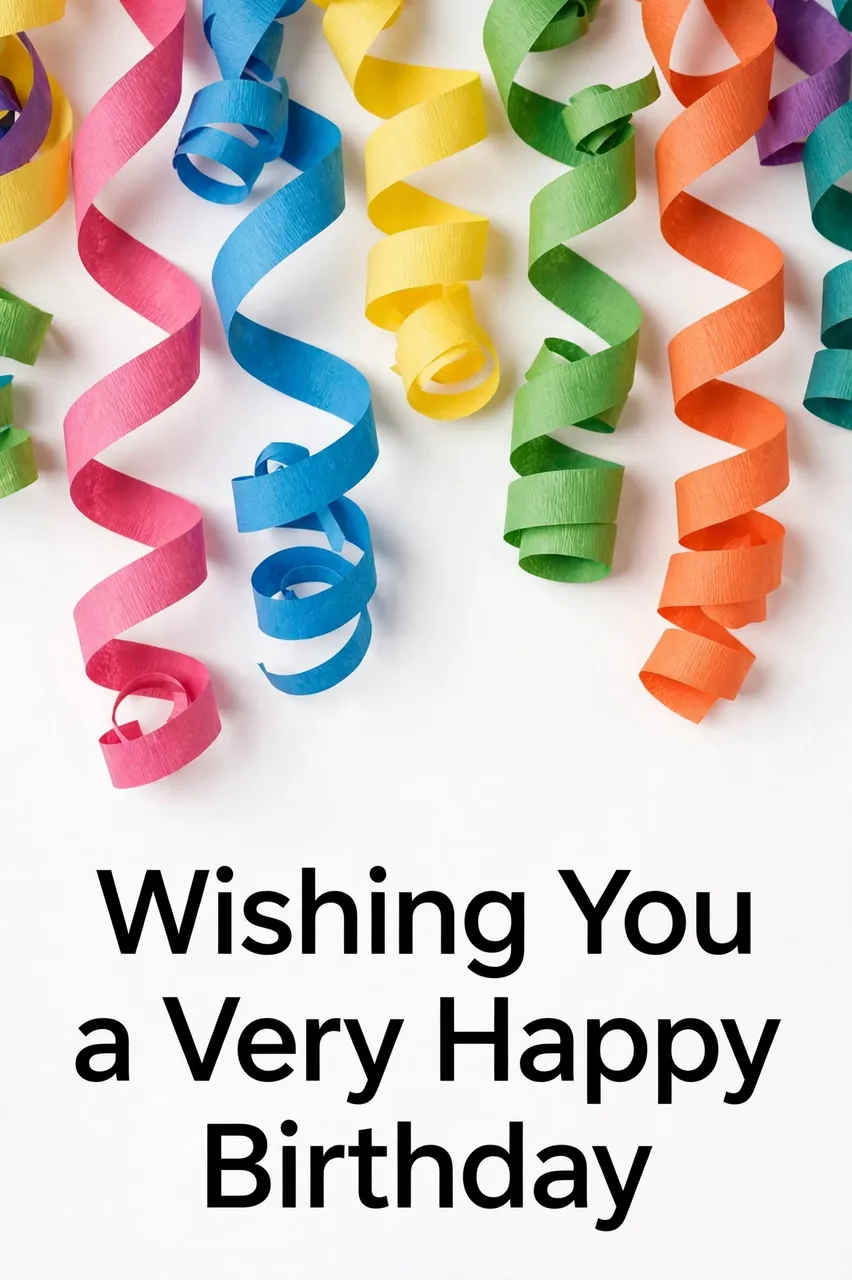 Colorful curled paper streamers hang from the top above bold text that reads "Wishing You a Very Happy Birthday" on a white