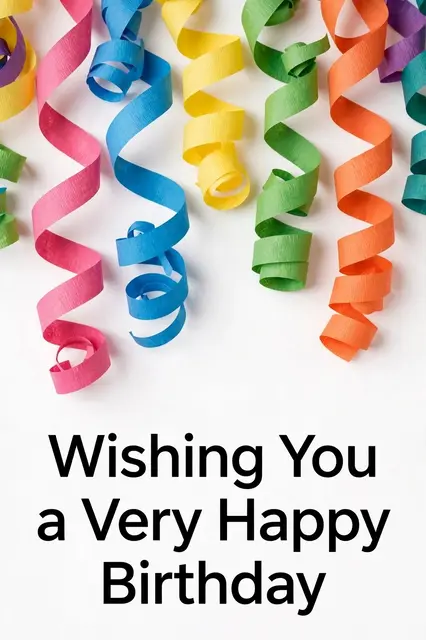 Colorful curled paper streamers hang from the top above bold text that reads "Wishing You a Very Happy Birthday" on a white