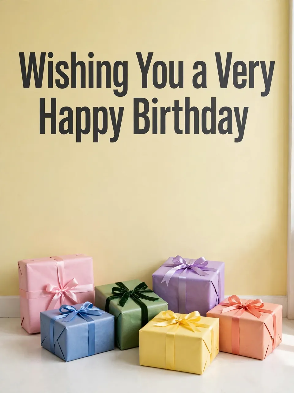 "Wishing You a Very Happy Birthday" text on a pastel yellow wall above colorful wrapped birthday gifts on a white floor