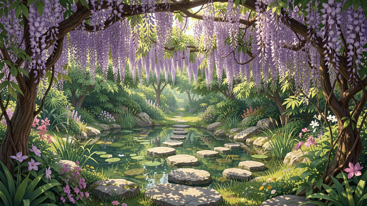 Sun dappled hidden garden pond with stone stepping stones framed by blooming wisteria vines